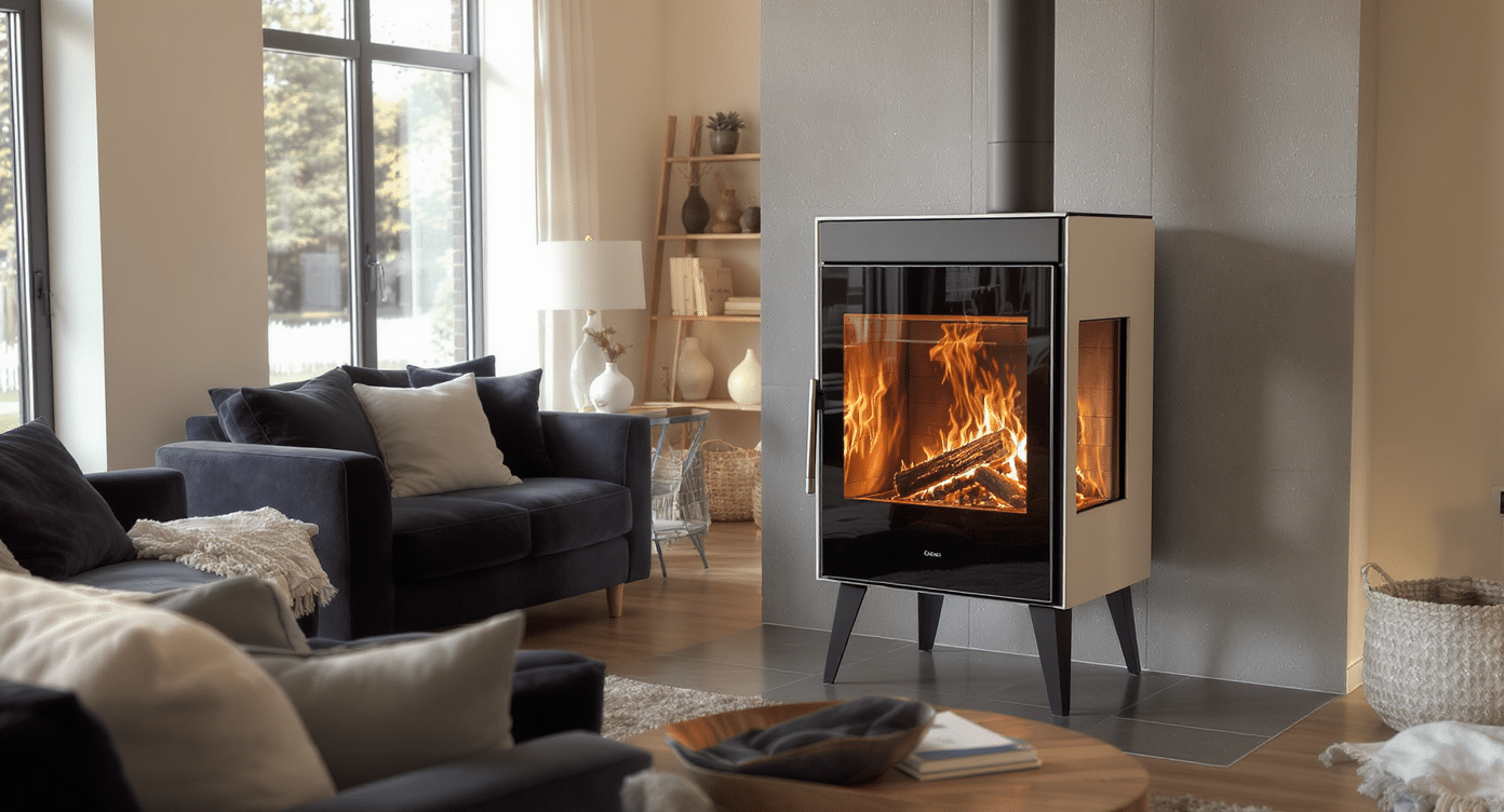 Poêle à granulés installé dans un intérieur moderne et chaleureux